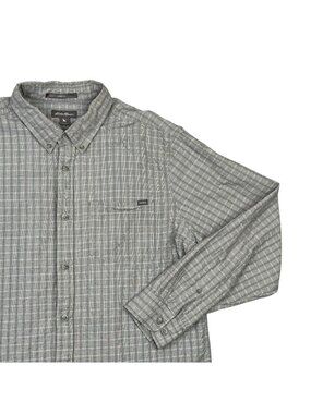 Eddie Bauer Seersucker Shirt Mens Large L Gray Plaid Long Sleeve Button Down